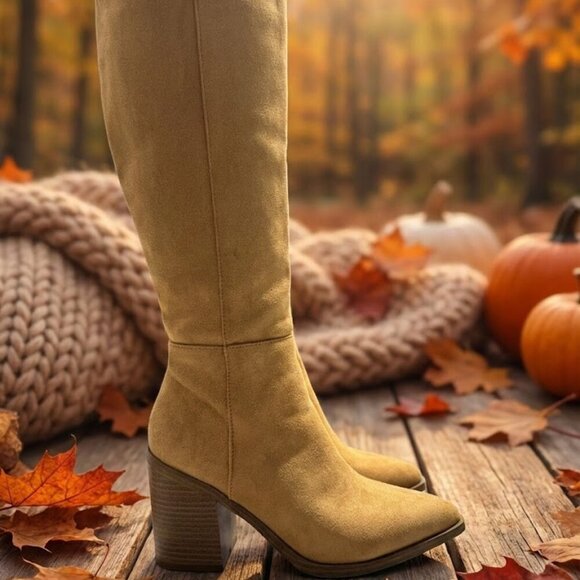 Soda Shoes - NWT SODA Camel Tan Faux Suede Knee High Boots 3.5" Block Heel Pointed Toe